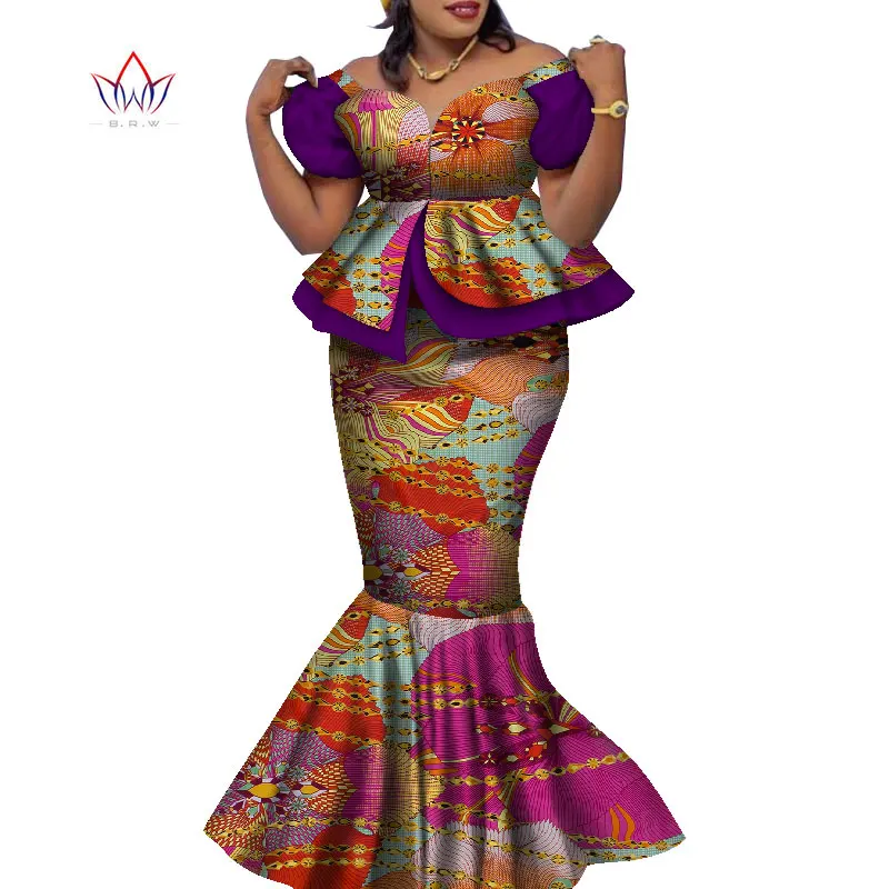 Bintarealwax Africa Style Two Piece Skirt Set Dashiki Elegant Clothing Ruffles Crop Top and Skirt Women Sets for Wedding WY9085