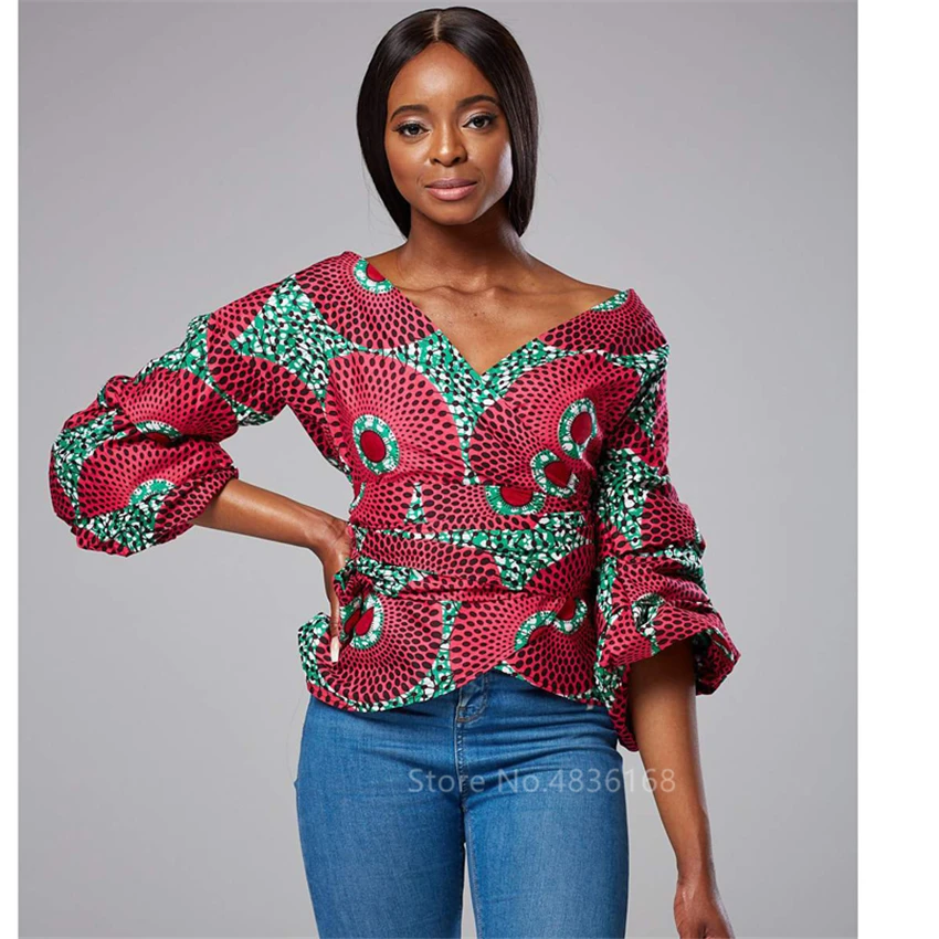

Fashion V-neck African Clothes Ladies Sexy Dashiki Print Top Oblique Lace Up Bow Knot Strapless Shirts Dress for Women