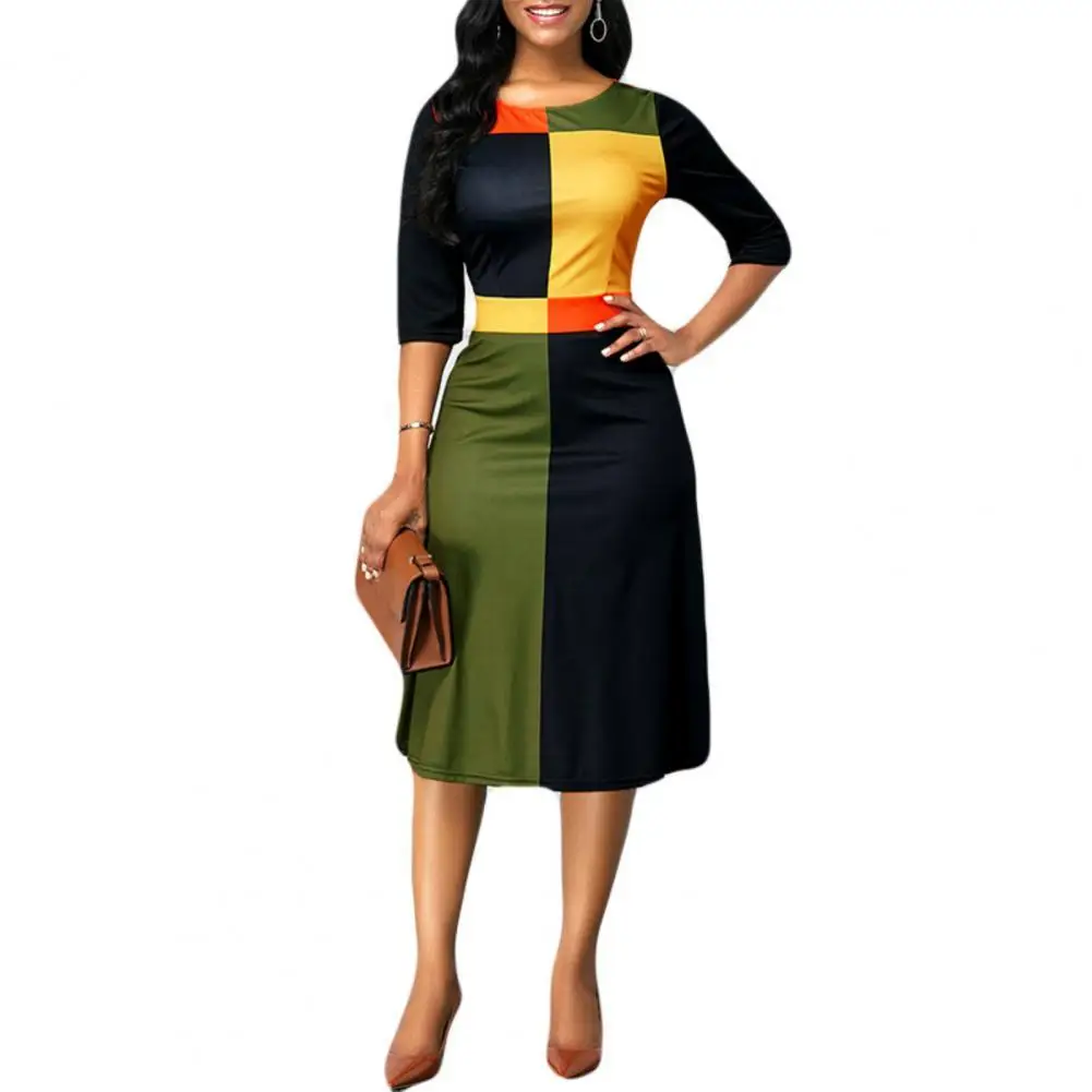 

Plus Size Spring 2021 Fashion Women 3/4 Sleeve O Neck Geometric Patchwork Color Block Large Hem Knee-length Dress