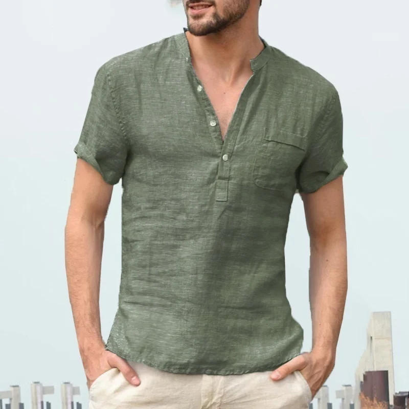 

Vintage Men Shirts Summer Short Sleeve V-neck Casual Shirt Linen Solid Soft Loose T-Shirt Male Breathable High Quality Tops Chic