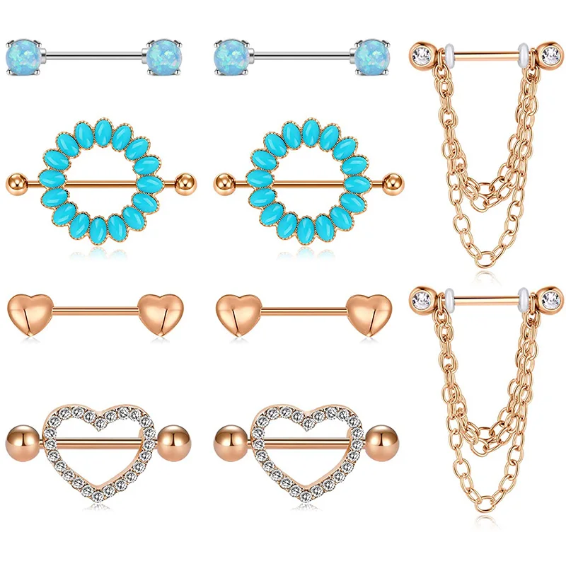 

14g Nipple Rings Heart Nipplerings Piercing Dangle Chain Barbell Round Blue Opal Nipple Bar Silver Rose Gold