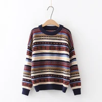 new autumn winter vintage striped sweaters women casual o neck folk custom knitted loose pullovers female chic retro jumper