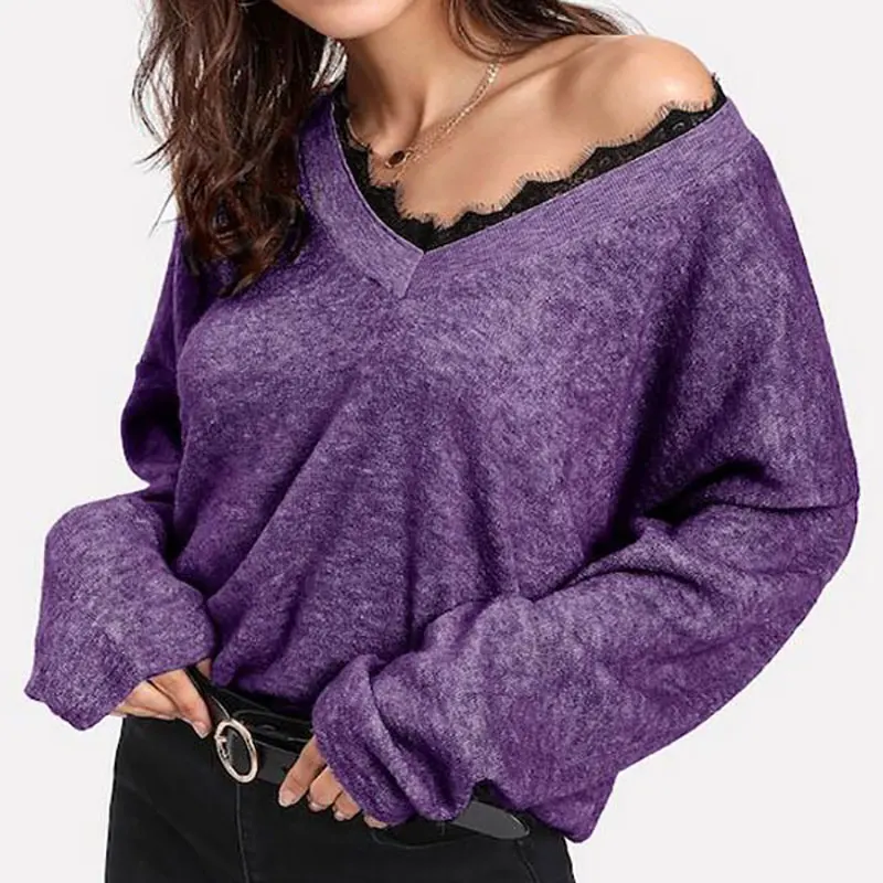 

Soft Thicken Winter Pullovers Sweaters Women knitted Full Sleeve Patchwork Lace V-neck Pullover Sweater Female