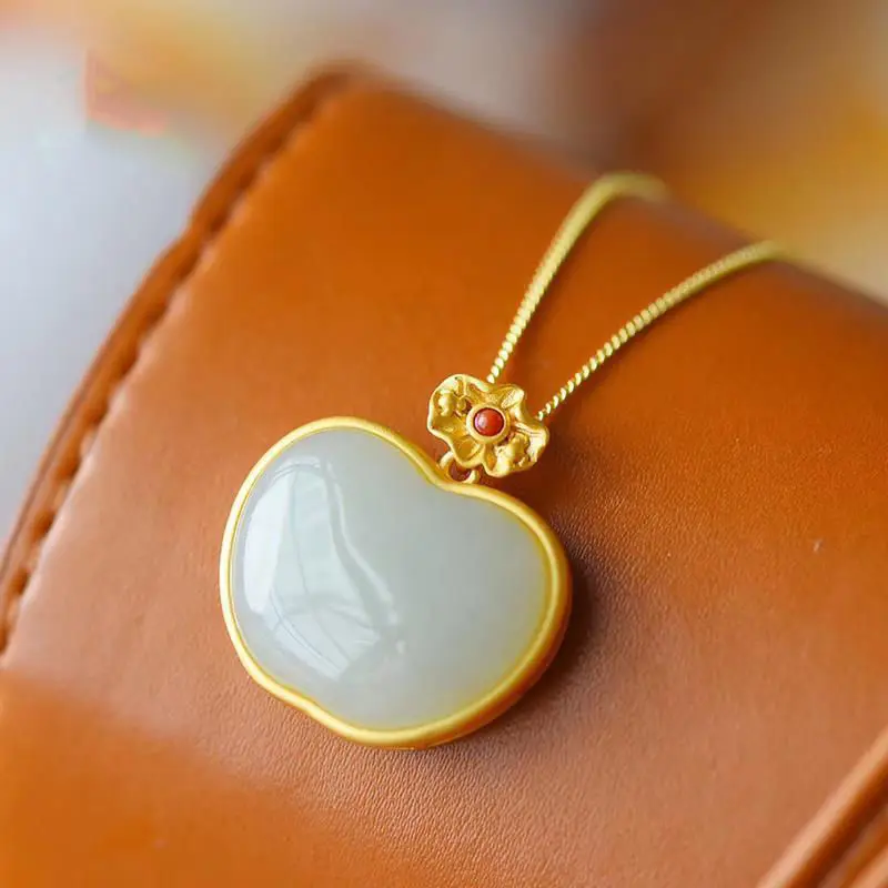 

Natural Hetian White Jade Apple Shape Pendant Necklace Chinese Style Unique Ancient Gold Craft Creative Silver Jewelry