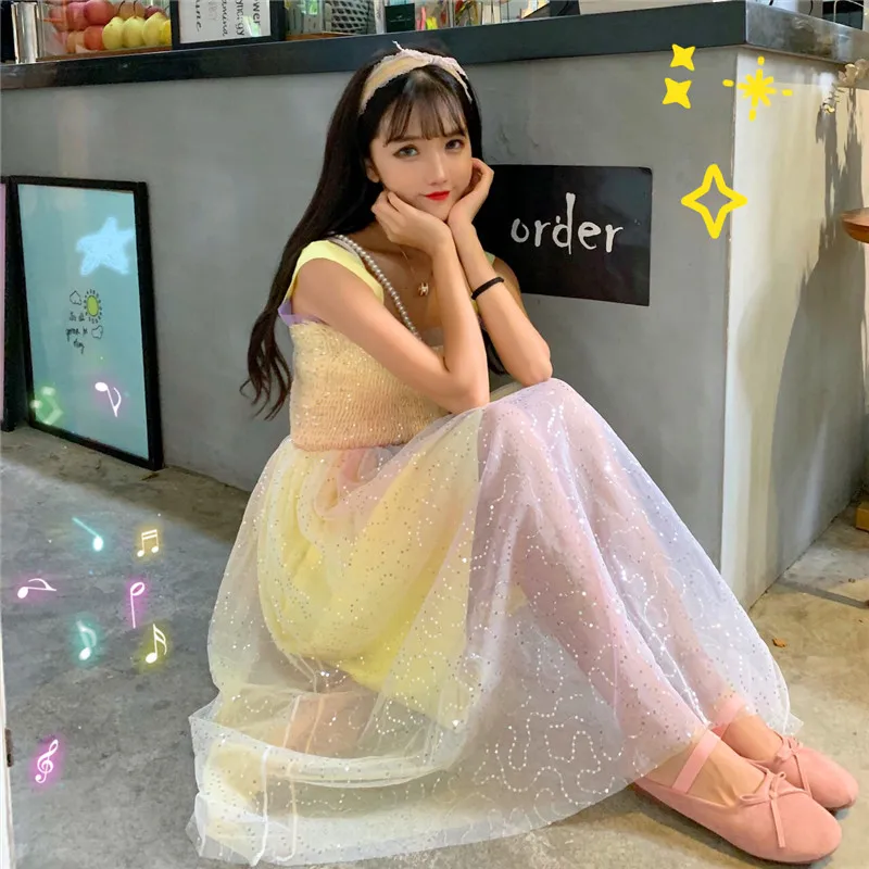 Милые радужные платья на бретелях спагетти летняя женская одежда в стиле ольччан