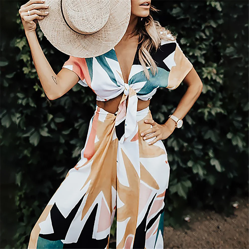 

2021 summer New Fashion Women's Europe and USA print high waist loose casual suit