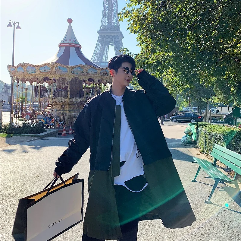 

Male Streetwear Hip Hop Fashion Trench Coat Overcoat Outerwear Men Fake 2PCS Splice Casual Long Bomber Jacket Windbreaker