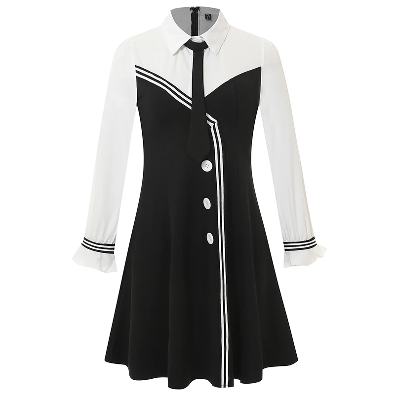 

PERHAPS U Women Vintage Black Turn Down Collar Tie Zipper Long Sleeve Sweet Preppy Style Empire A-line Mini Dress Spring D2431