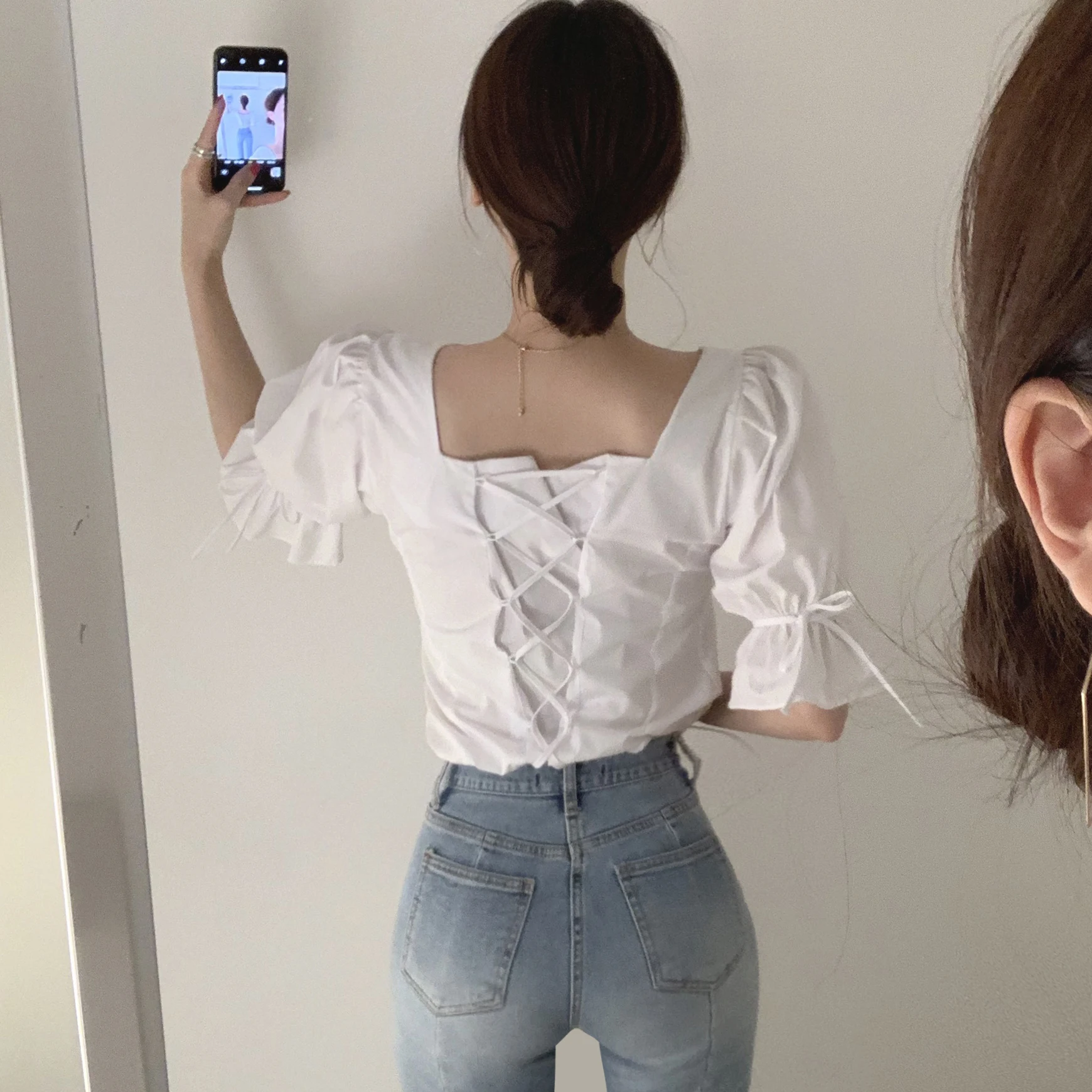 Женский офисный топ с коротким рукавом летняя пикантная туника v-образным