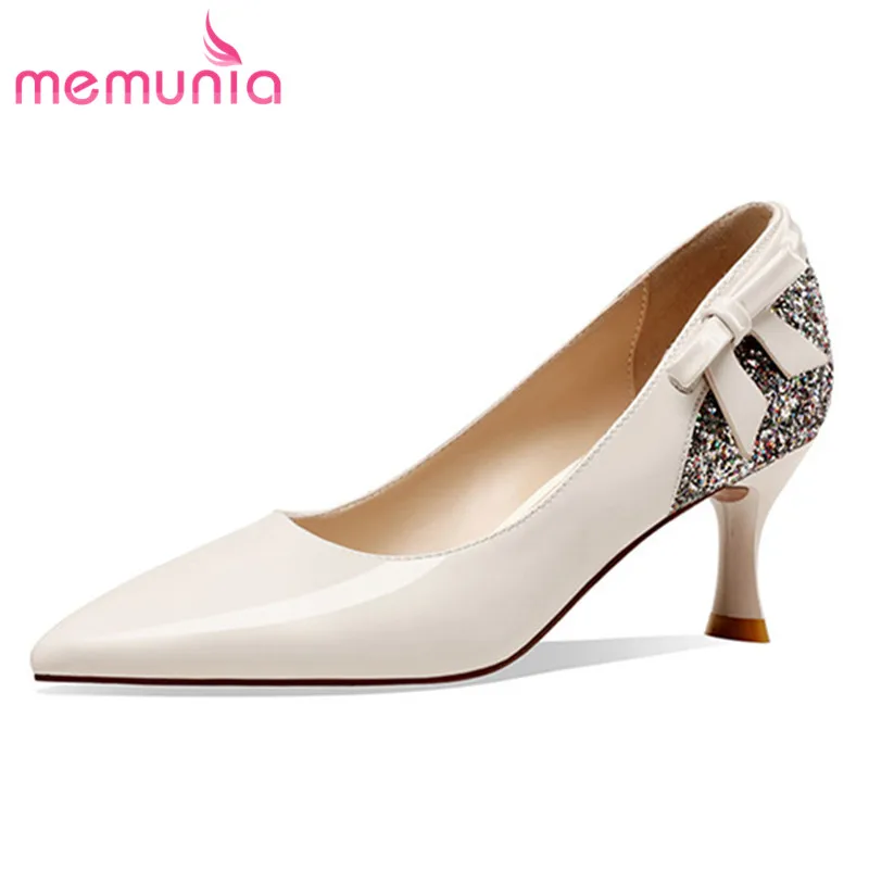

MEMUNIA 2021 Hot Sale Patent Leather Single Shoes Women Pumps Bowknot Sequins Pointed Toe Thin High Heels Wedding Shoes Woman