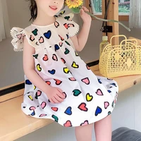 fashion girls sundress round neck fly sleeves soft heart patterns attractive soft elegant girls one piece skirt for daily wear