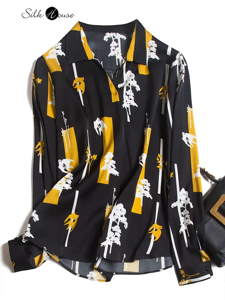 

Новинка 2021, женская модная рубашка из шелка тутового шелкопряда с дорогим художественным принтом, весна-осень