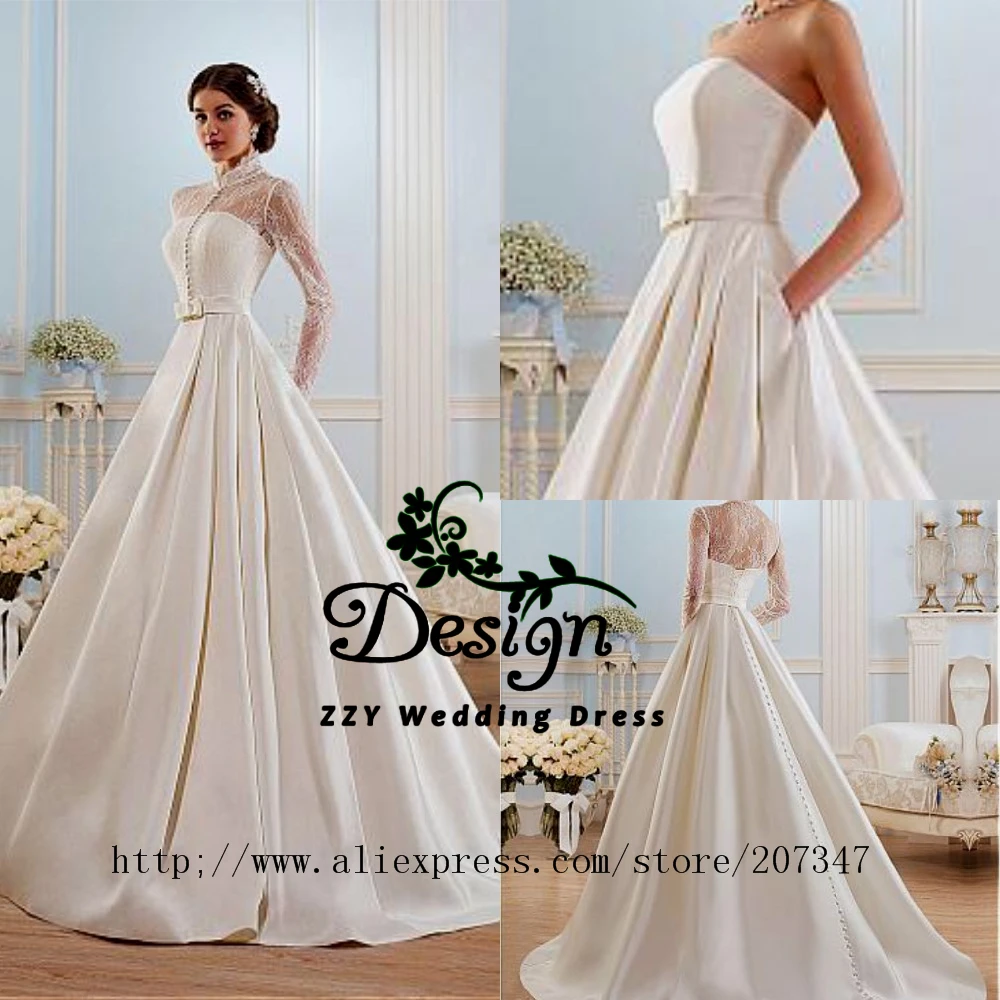 

Атласное и кружевное платье с длинными рукавами, со шлейфом и аппликацией, с открытыми плечами, высоким воротом, свадебное платье с бантом, п...