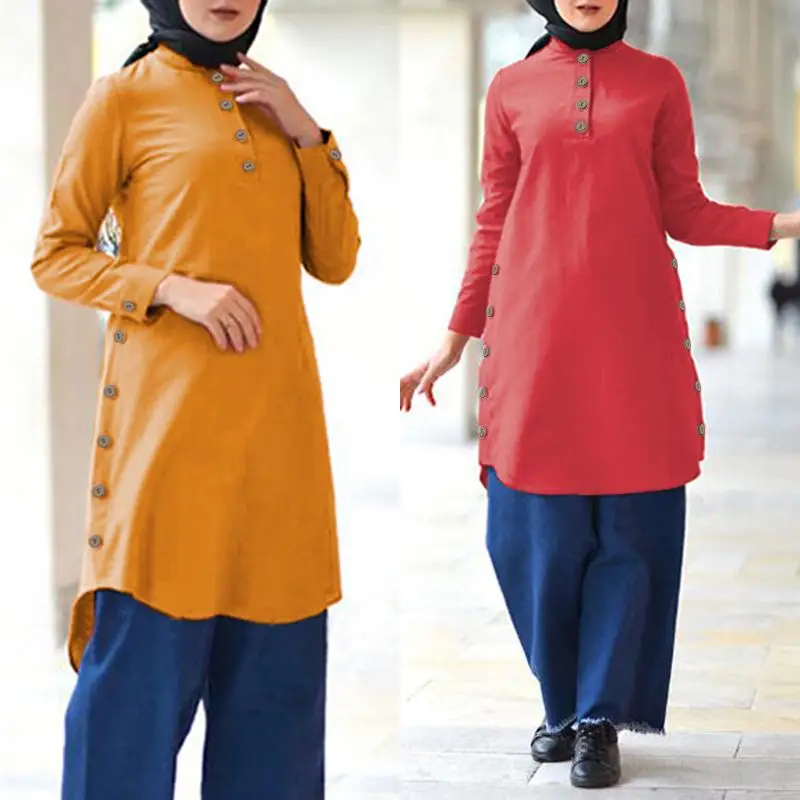 

Винтажные Асимметричные рубашки, Женская Осенняя блузка ZANZEA 2021, мусульманские Длинные Топы, женские блузы на пуговицах, мусульманская руба...