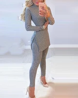 winter warm solid long sleeve slit knitted sweater with skinny long pants suit womens elegant 2 piece outfits sets leotard