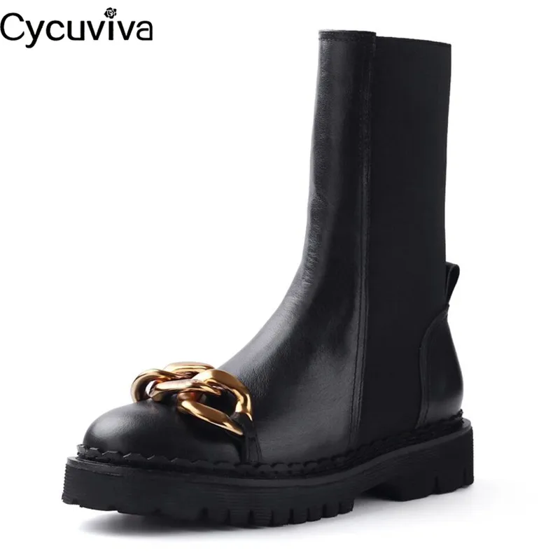 Дизайнерские ботинки челси с золотой цепочкой женские кожаные эластичные