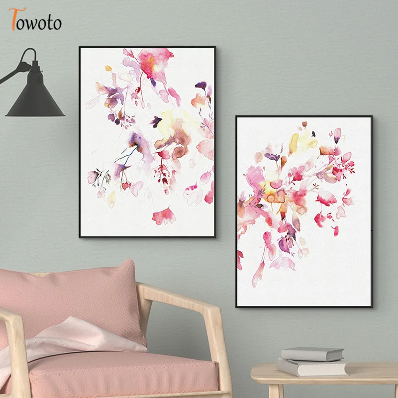 Pink Flower Watercolor Wall Art Living Room Minimalism Home Poster Print Plant Blossom Canvas Painting Decoration Picture Decor | Дом и сад