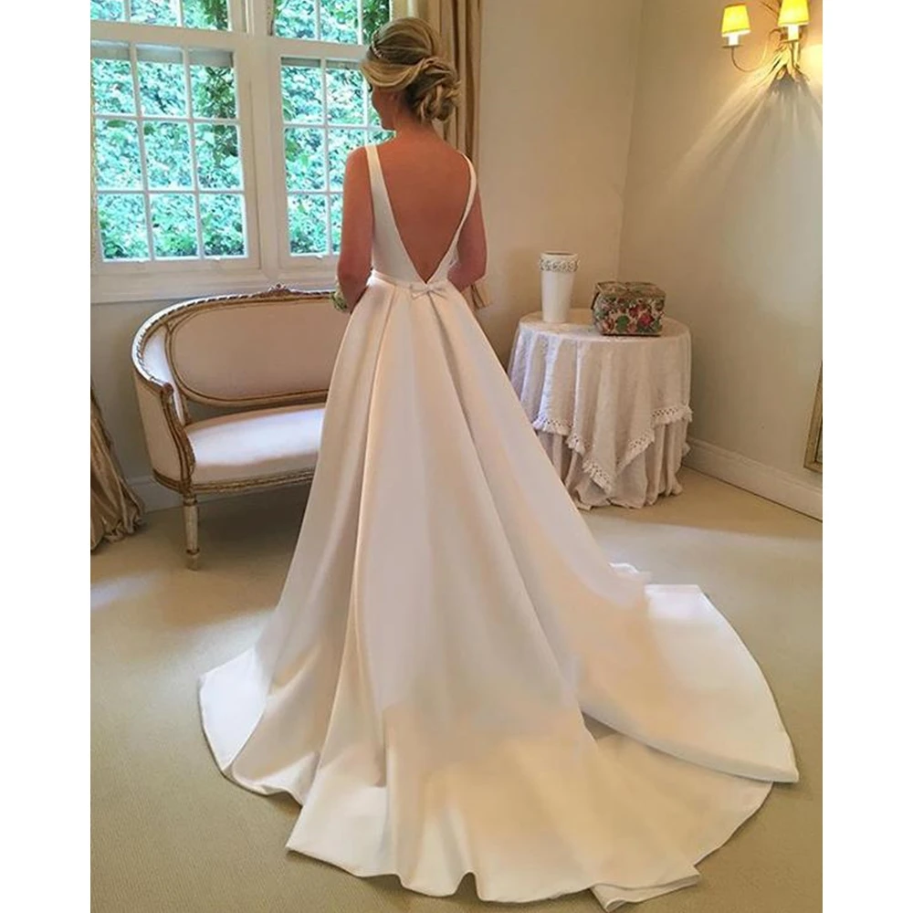 

Vestido noiva Simple High Neck Sleeveless Wedding Dresses White Satin Bridal Wedding Gowns Open Back A Line Bride Wedding Dress