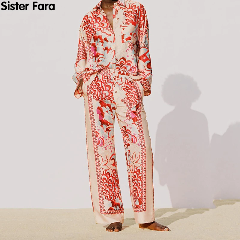 

Sister Fara New Spring Fashion Print Shirt Women's Tracksuit+Chic Elastic Waist Draped Casual Trousers Autumn Set Woman 2 Pieces