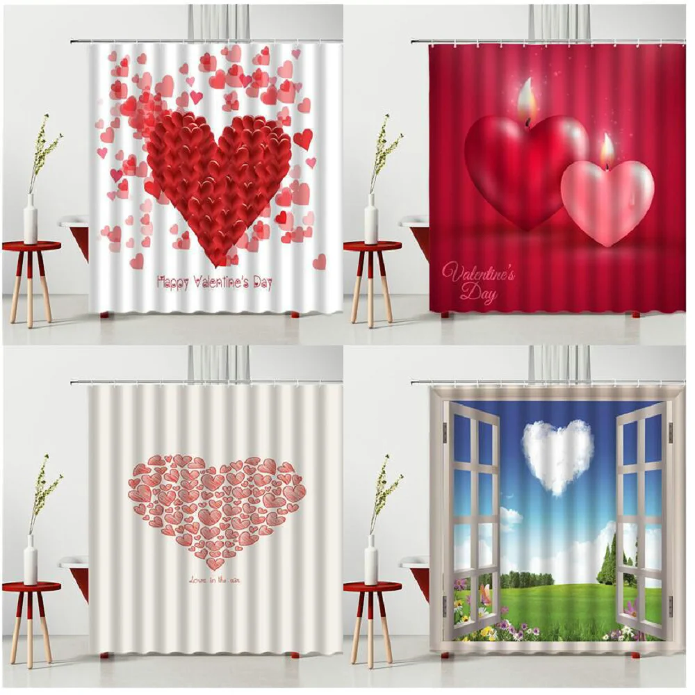 

Valentine's Day Shower Curtain Set Romantic Rose Heart-Shaped Lovers Love Waterproof Polyester Fabric Bathtub Decoration