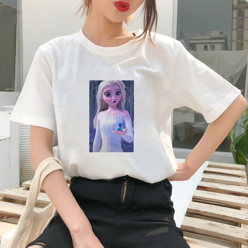 

Disney Frozen White Tshirt Women Crewneck Exquisite Short Sleeve Elegant Elsa Princess Brand Tshirts Oversize Summer Trendy