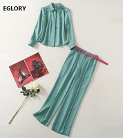 high quality designer clothing sets 2021 spring summer pant set women chest pocket deco long sleeve shirtbelted green pant suit