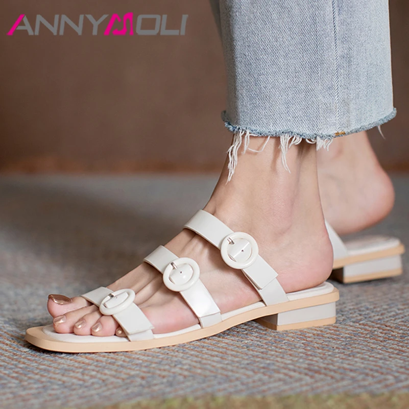 

ANNYMOLI Slippers Shoes Women Narrow Band Low Heel Sandals Square Toe Slides Chunky Heel Cow Leather Lady Footwear Summer Black