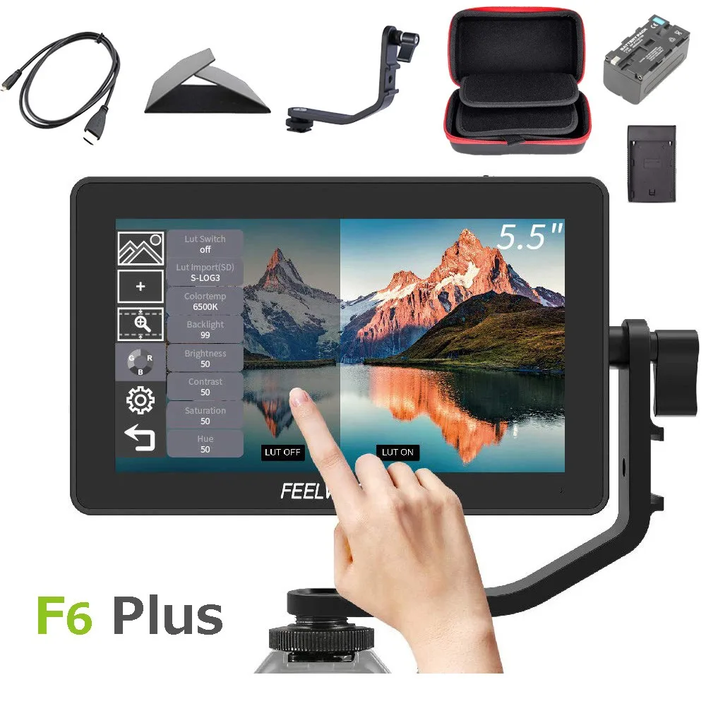 monitor with battery FEELWORLD F6 Plus 5,5 дюймов для однообъективной цифровой зеркальной фотокамеры полевой монитор 3D LUT сенсорный экран 4K HDMI ips FHD 1920X1080 монитор для камеры - Цвет: monitor with battery
