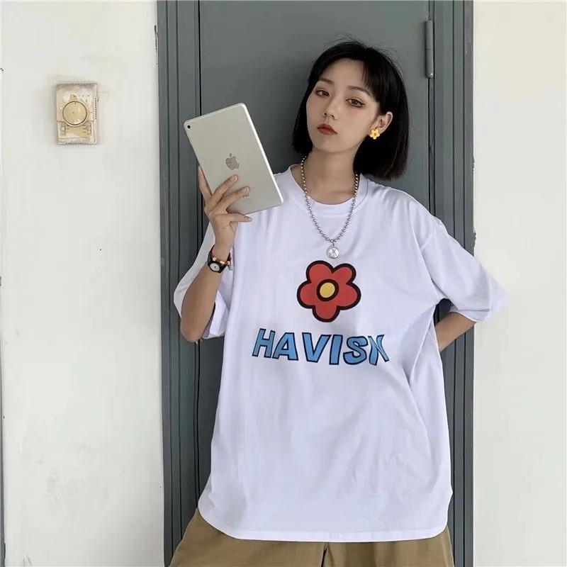 

harajuku bf style short-sleeved flower printing clothes women 2020 new summer t-shirt Korean clothes oversized o-neck tshirt