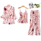 Халат женский из хлопка и шелка, пижамный комплект на бретелях, пикантная тонкая Свободная Домашняя одежда из трех предметов с длинным рукавом, весна-осень
