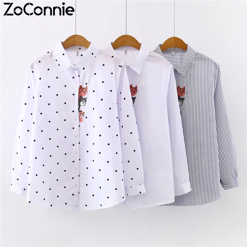 Женская хлопковая рубашка в полоску с вышивкой кошки повседневная белая блузка