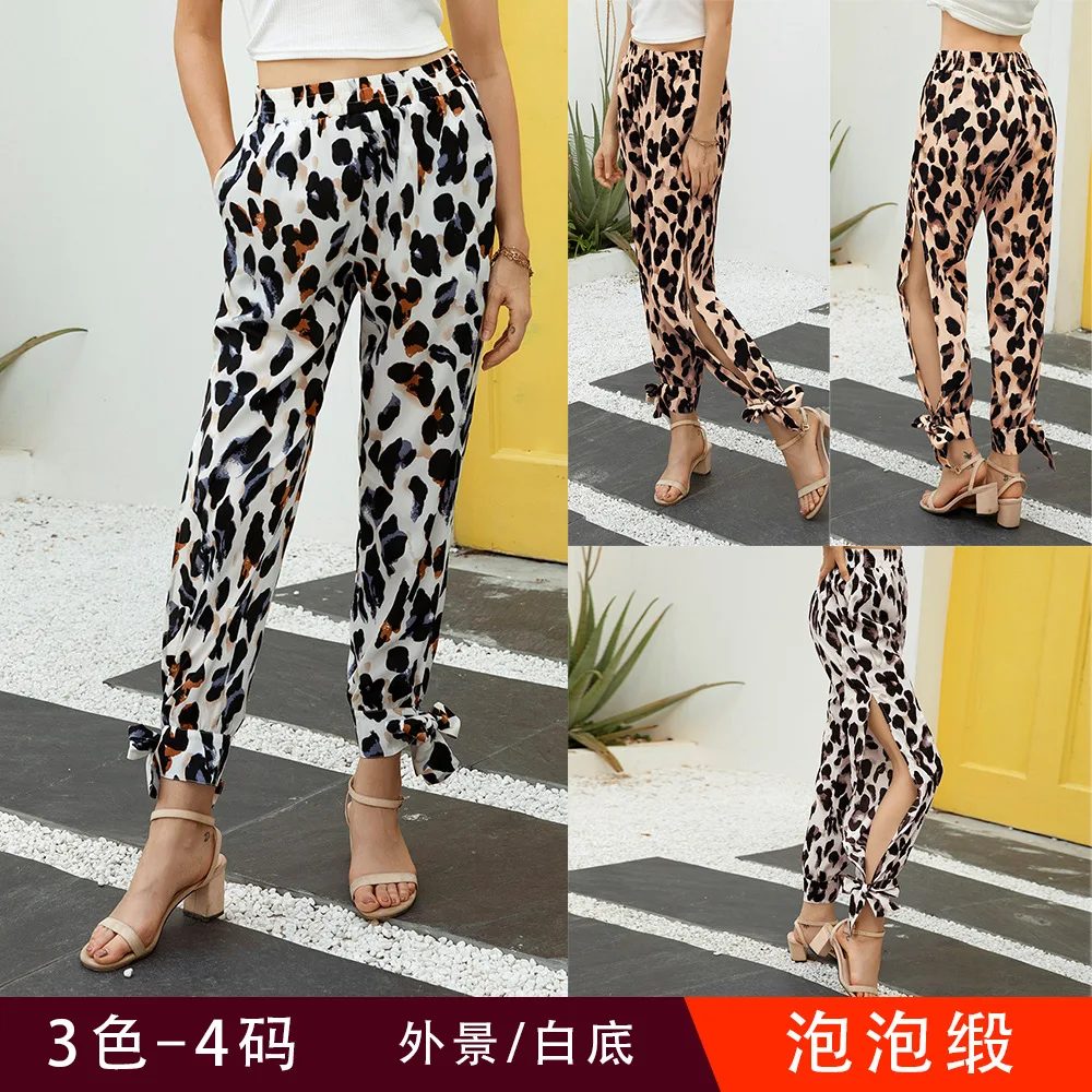 

Women Trousers Spring and Autumn Leopard Print Side Slit High Waist Wide Leg