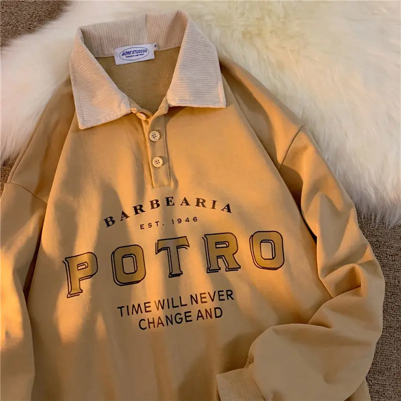 

Vintage POLO Collar Letters Print Oversized Sweatshirt Women for Teen Girls Harajuku New Spring Korean Kawaii Clothes Pullovers