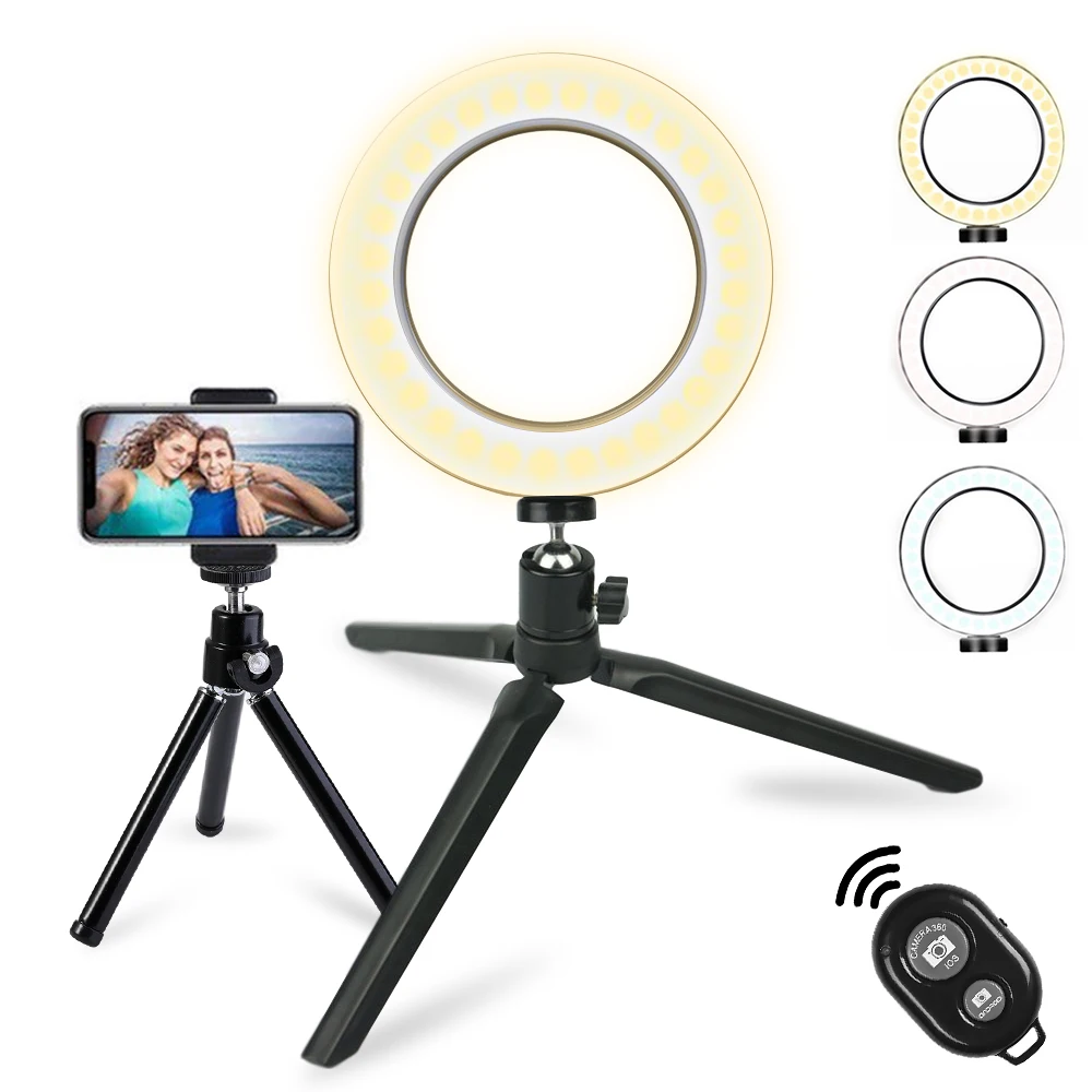

Selens 16 20 см светодиодный кольцевой светильник 3200-5600K 3 цвета селфи лампа с Штатив для фотографии камера телефонный светильник для макияжа вид...