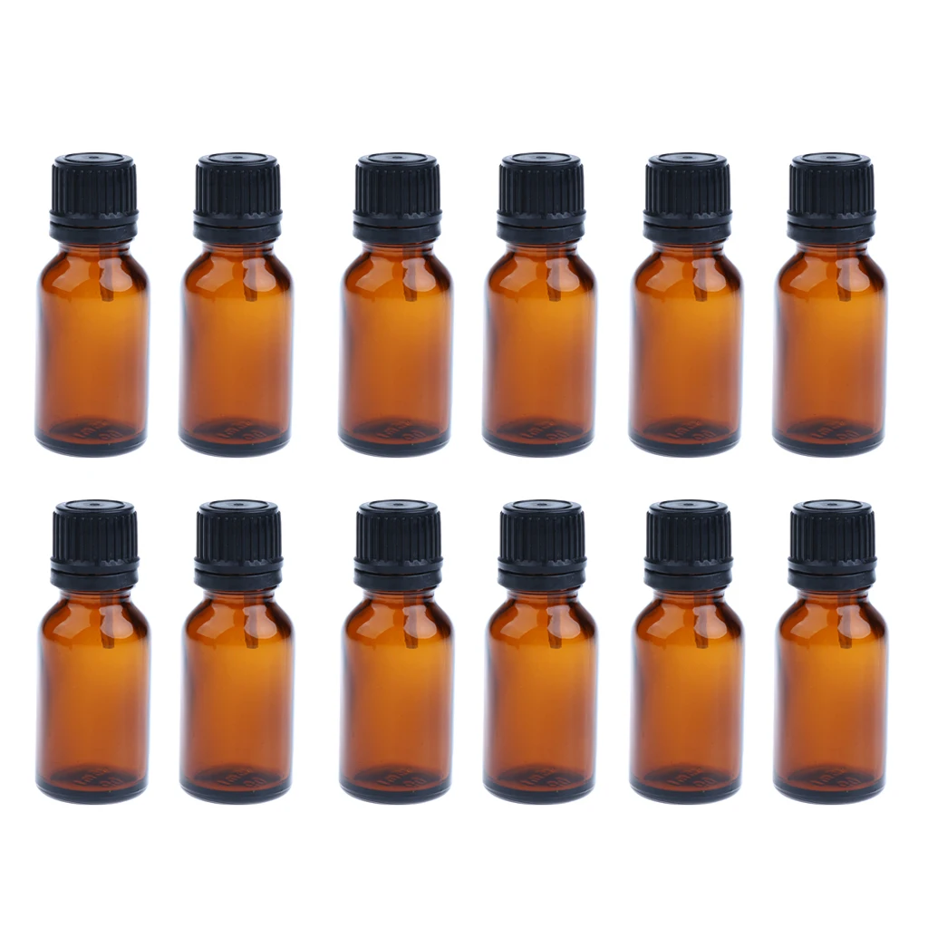 

12 Counts Amber Glass Vials Bottles, with Orifice Reducers and Black Caps