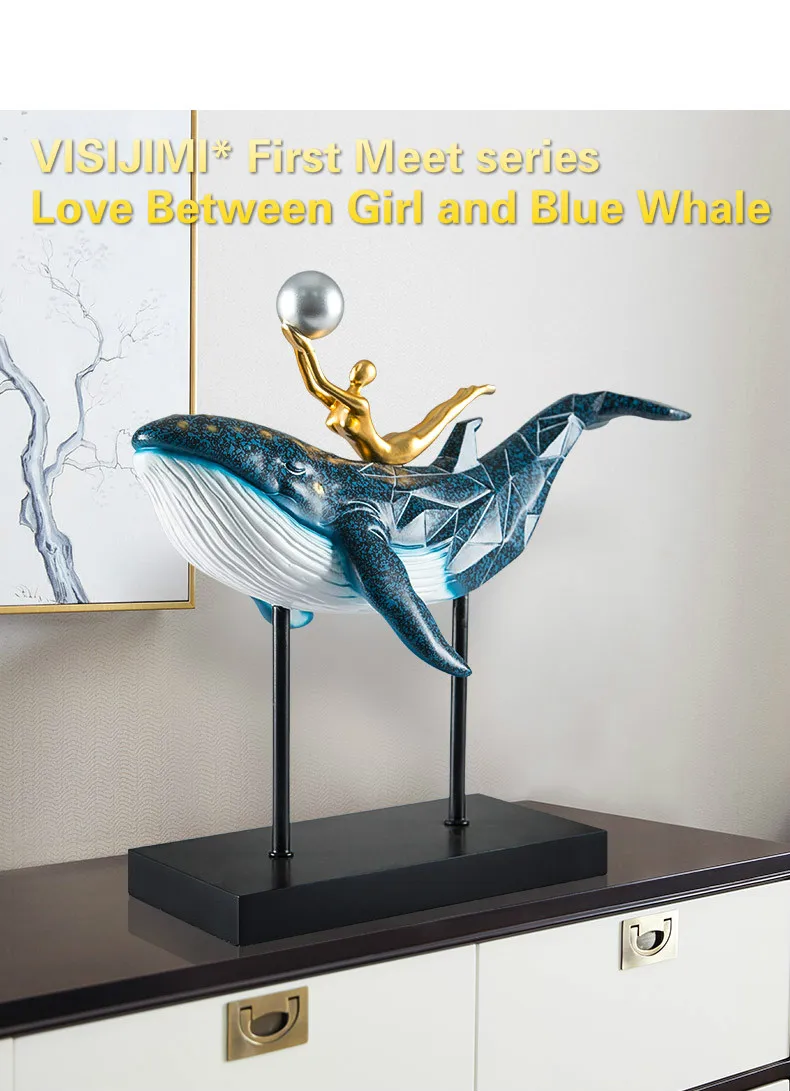 

VISIJIMI*Love Between Blue Whale And Girl* Modern style Sculpture Creative home decoration Living room furnishing New year gift