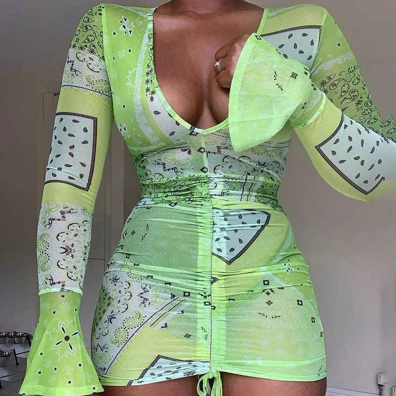 

Женское Сетчатое платье с принтом, облегающее Повседневное платье с V-образным вырезом, расклешенным длинным рукавом и кулиской, лето 2021