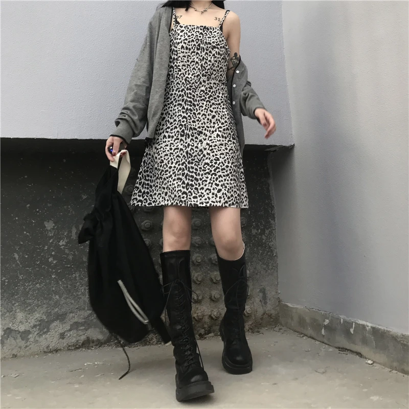 

Korean Fashion Sling Leopard Dress for Girls Summer Gothic Clothing Womens Birthday Party Mini Sexy Dresses Dark Goth Streetwear