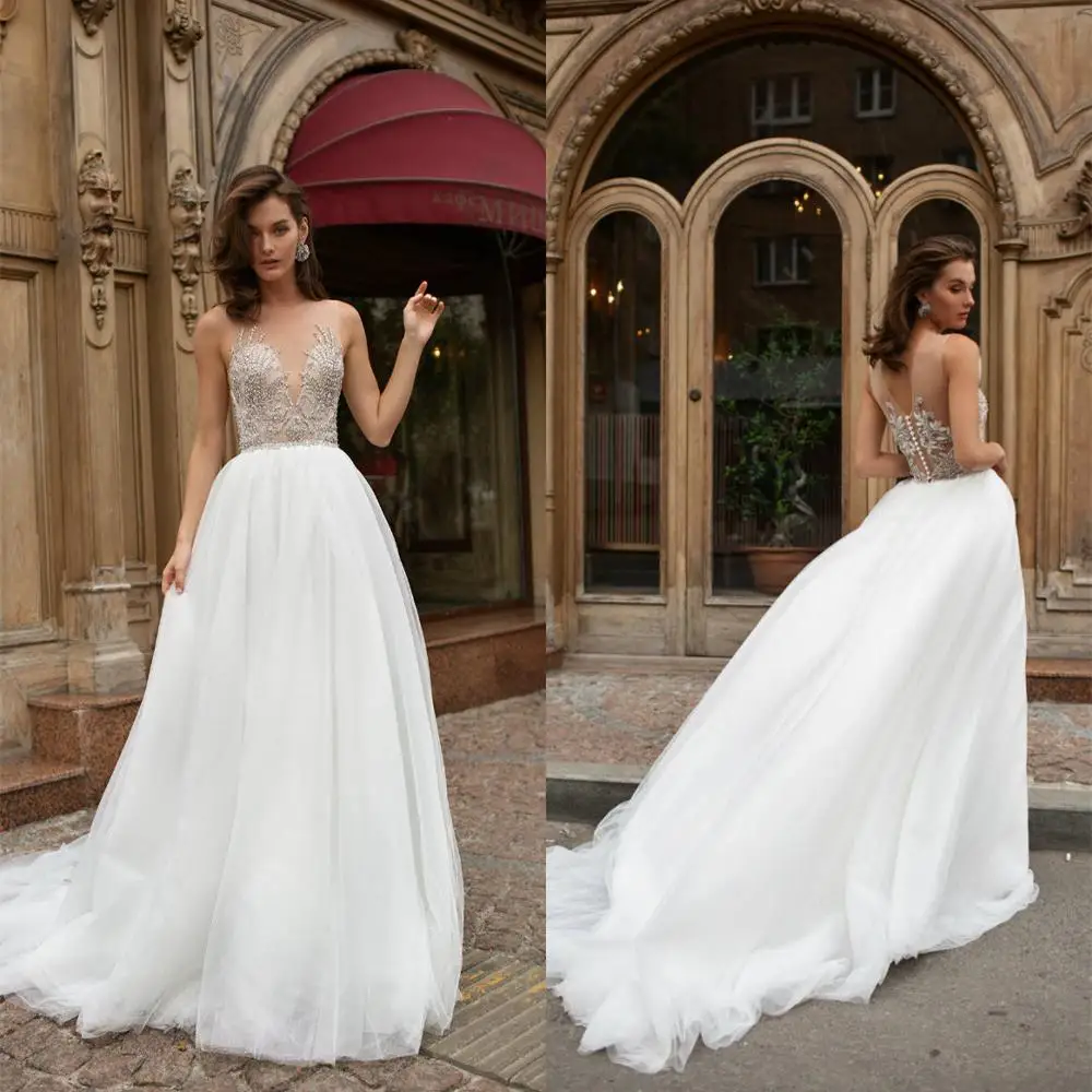 

Кружевное свадебное платье, ТРАПЕЦИЕВИДНОЕ ПЛАТЬЕ с аппликацией из бисера, на пуговицах, с открытой спиной, Пляжное свадебное платье со шле...