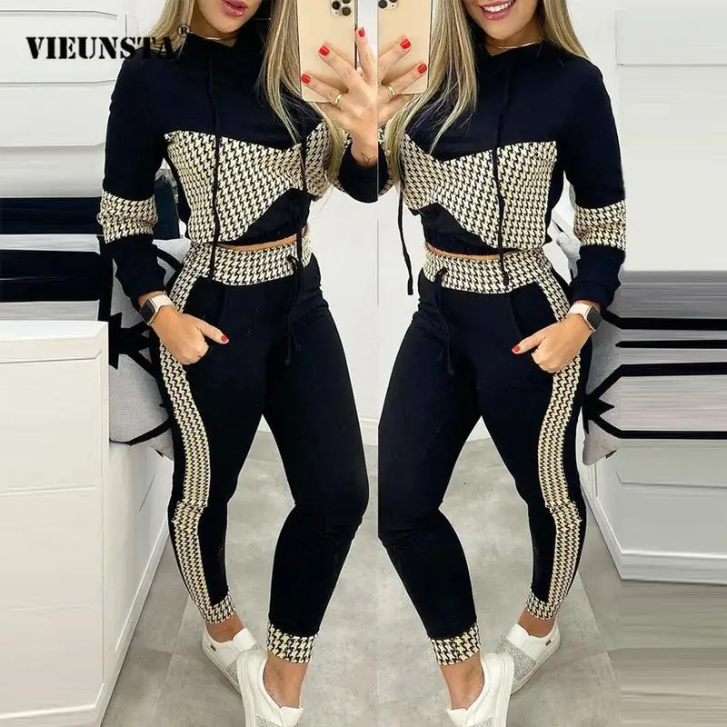 

Casual Sets Tracksuit Women Drawstring Hooded Outfits Fashion Patchwork Houndstooth Hooded Sweatshirt + Pocket Long Pants Suits