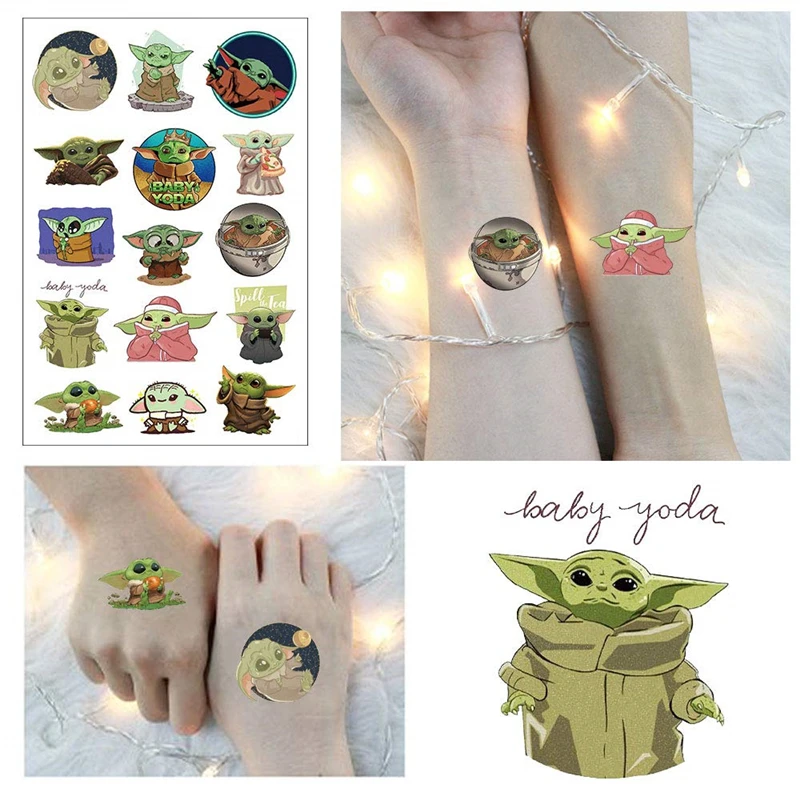 Pegatinas de tatuajes de Star Wars Para Ni&ntilde;os, figuras de acci&oacute;n de dibujos animados Mandalorian, Yoda, pegatina impermeable para beb&eacute;, regalos de Navidad y cumplea&ntilde;os, 1 Uds.-2