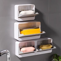 2021 latest creative wall mounted soap box with lid double grids soap draining rack bathroom soap holder