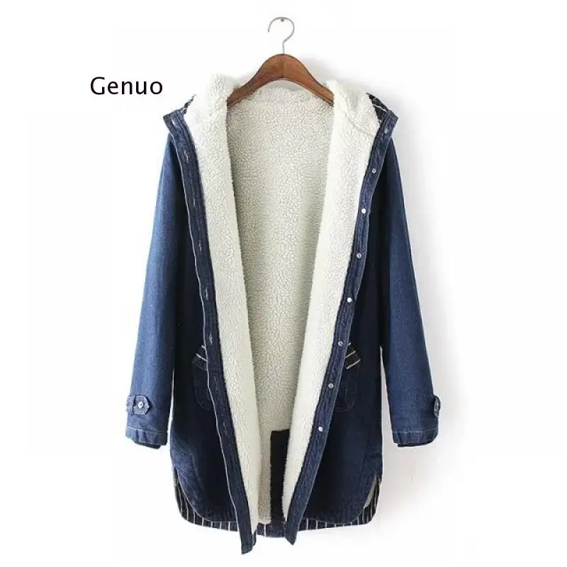 Модная зимняя джинсовая куртка с капюшоном для женщин Корея Стиль Осенняя овечка