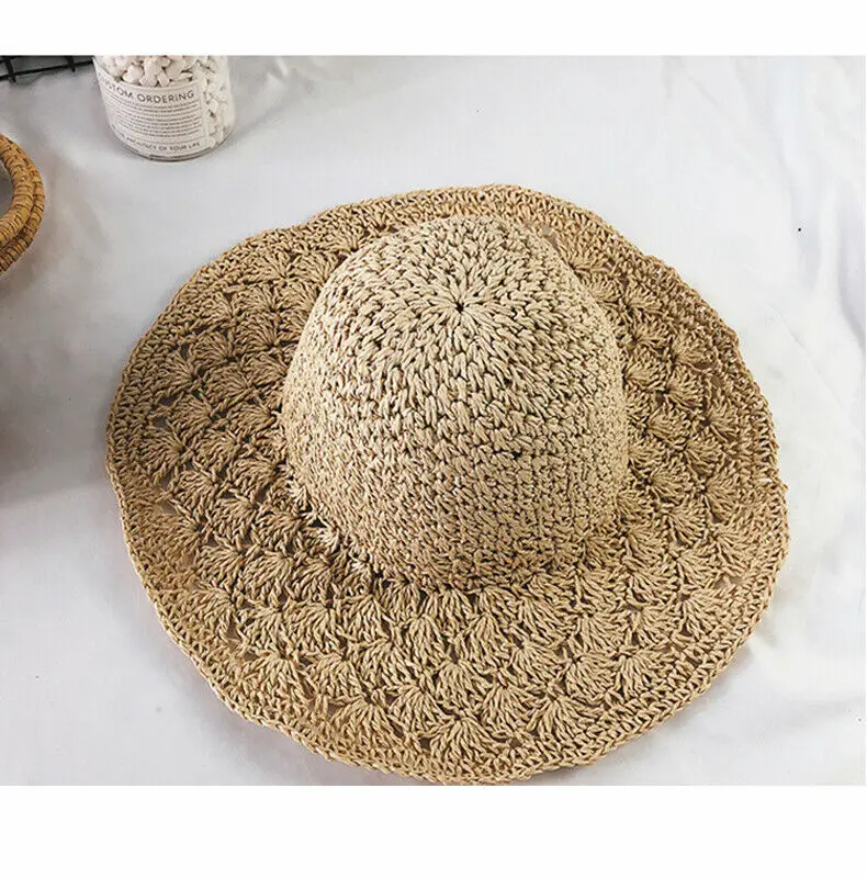 

New Fashion Summer Women's Ladies Beach Sun Visor Wide Brim Stripe Floppy Straw Hats Beige Khaki