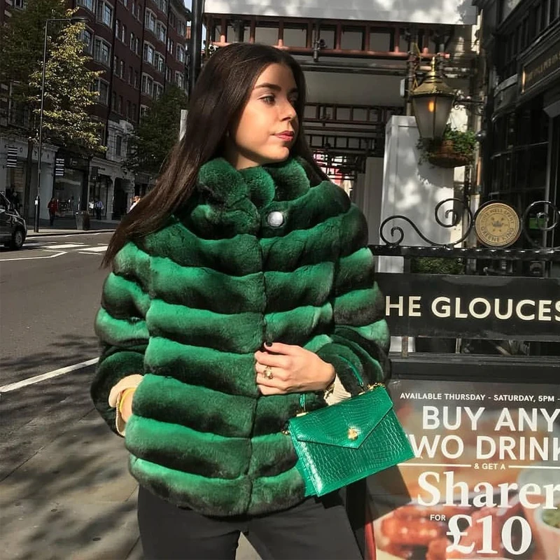 2022 New Real Fur Coat Women Winter Fashion Whole Skin Genuine Rex Rabbit Fur Jacket Stand Collar Chinchilla Color Fur Overcoats