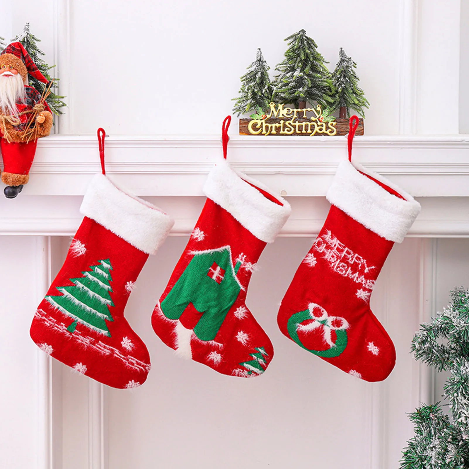 

Christmas Stockings Family Holiday Knitted Stocking Gift Bag Plush Decorative Socks Candy Bag Gift Bag Window Pendant