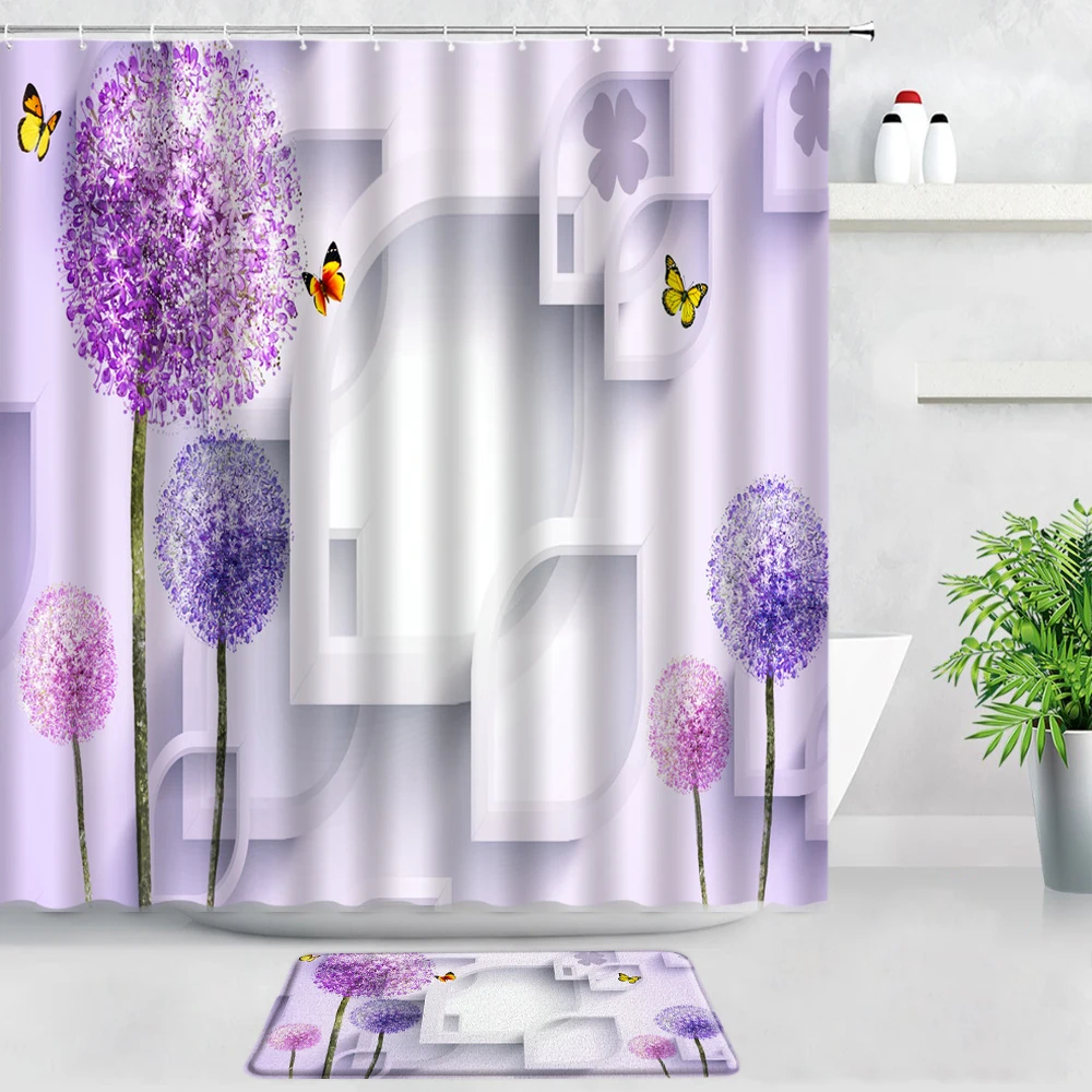 

Butterfly Dandelion Shower Curtains Bath Mats Set Flower Modern Simple Wall Backdrop Decor Bathroom Rug Non-slip Carpet Door Pad