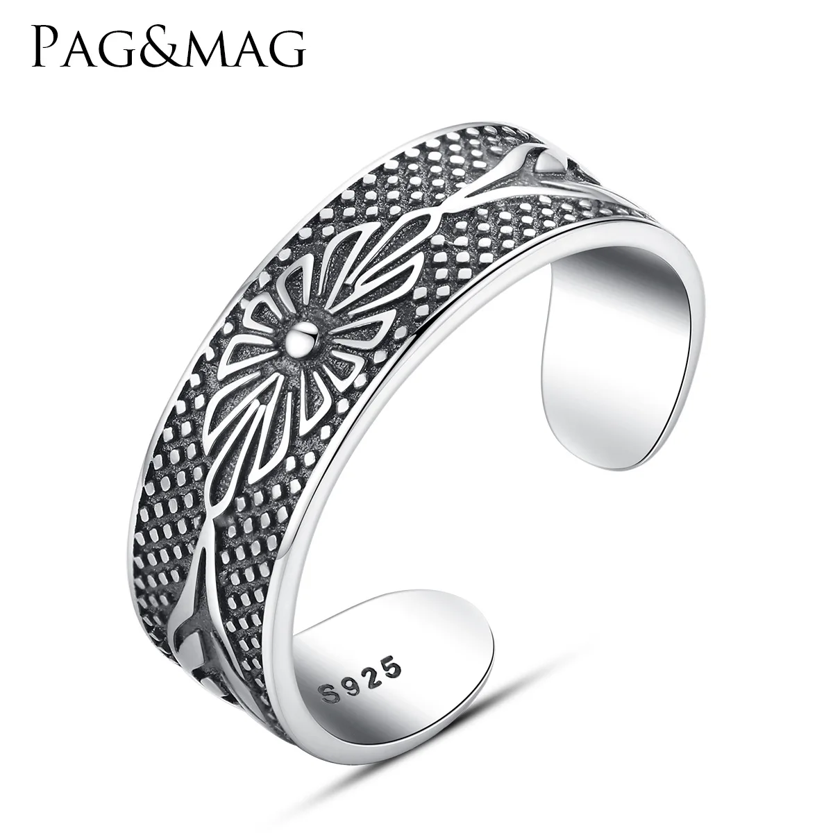 

PAG & MAG S925 sterling silver jewelry blackened pattern Fashion tail ring Thai silver