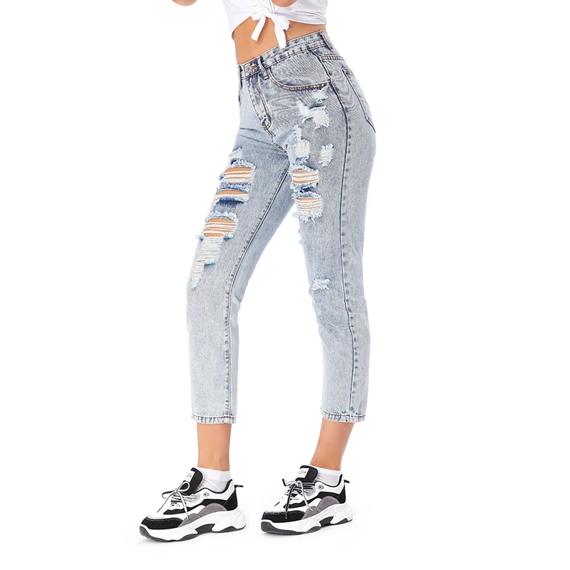 

Denimcolab Vintage Snowflake Ripped Jeans Pants Women High Waist With Holes Pencil Pants Ladies Retro Streetwear Jeans Trousers