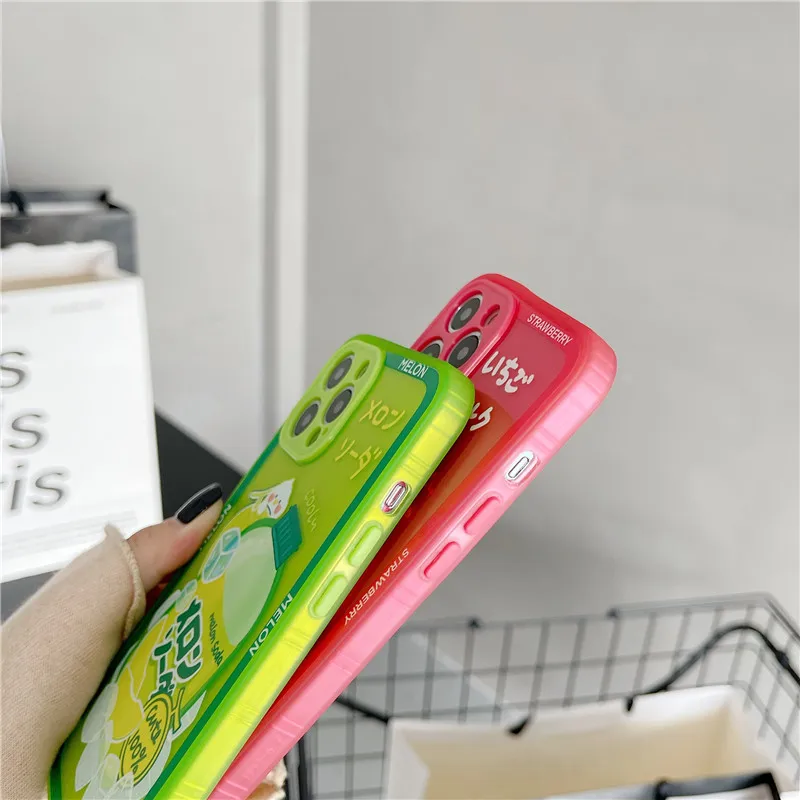 

INS Korea Neon Strawberry Drink Phone Case For iPhone XR X 12 11 Pro XS Max 7 8 Plus Cases Clear Silicone Soft Phone Cover